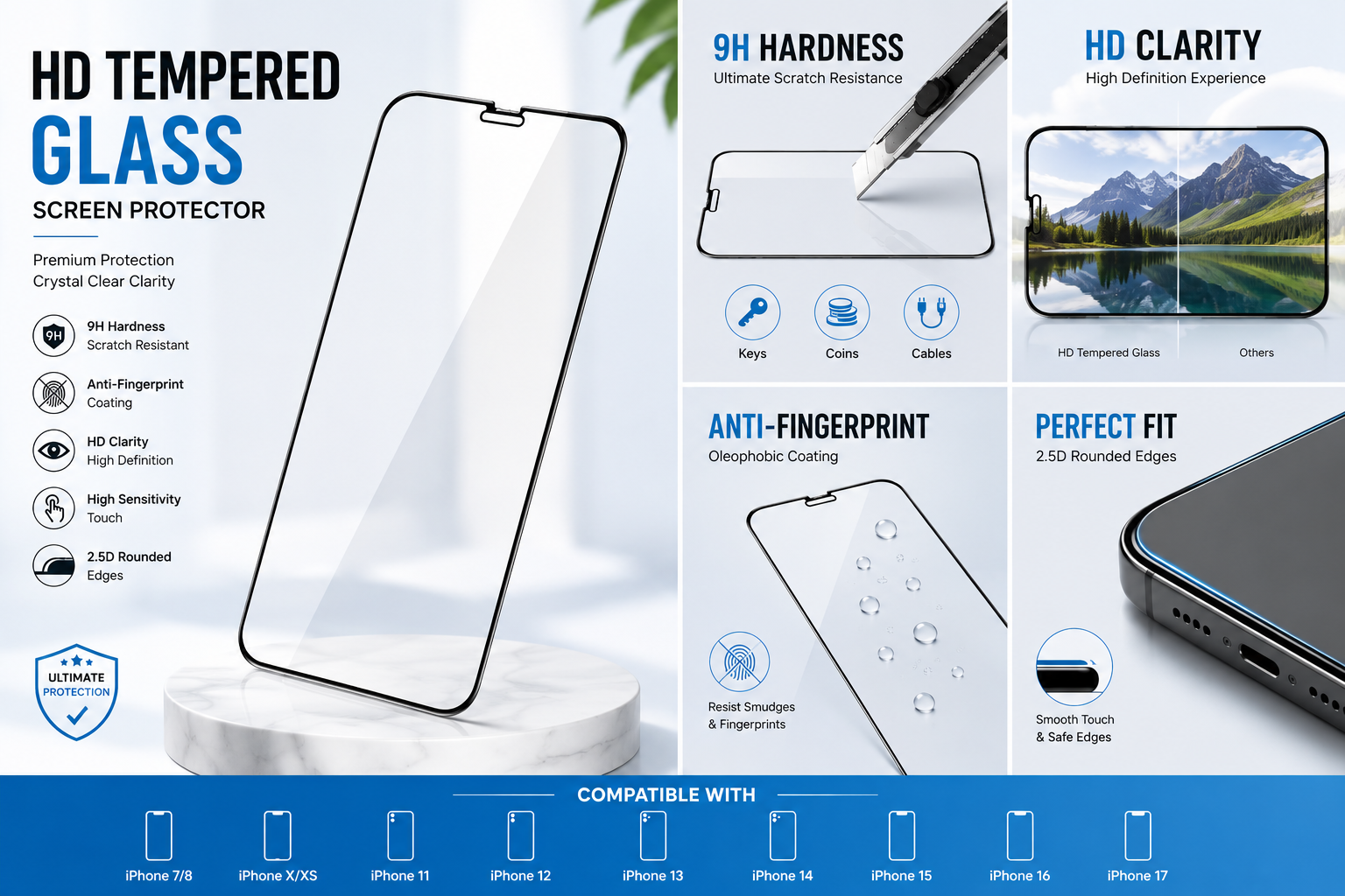 iPhone 7 to iPhone 17 Series HD Tempered Glass Screen Protector for iPhone – Anti-Scratch, Anti-Fingerprint |