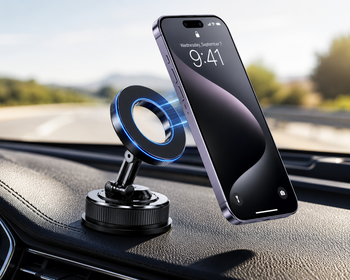 Magnetic Car Phone Mount | Vacuum Suction Base | 360° Adjustable Arm