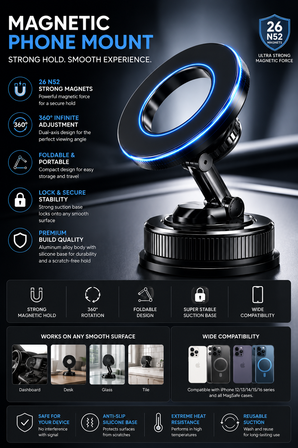 Magnetic Car Phone Mount | Vacuum Suction Base | 360° Adjustable Arm