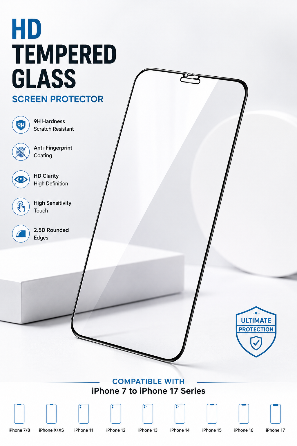 iPhone 7 to iPhone 17 Series HD Tempered Glass Screen Protector for iPhone – Anti-Scratch, Anti-Fingerprint |
