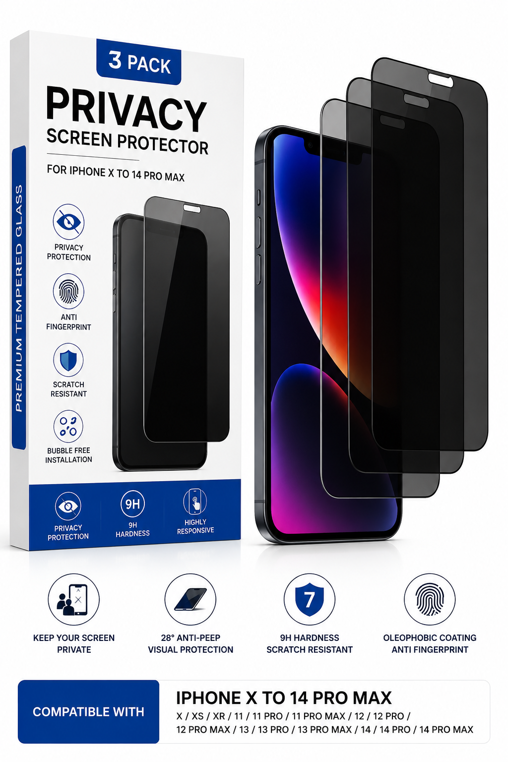 3 pack Stealth Shield Privacy Tempered Glass Screen Protector