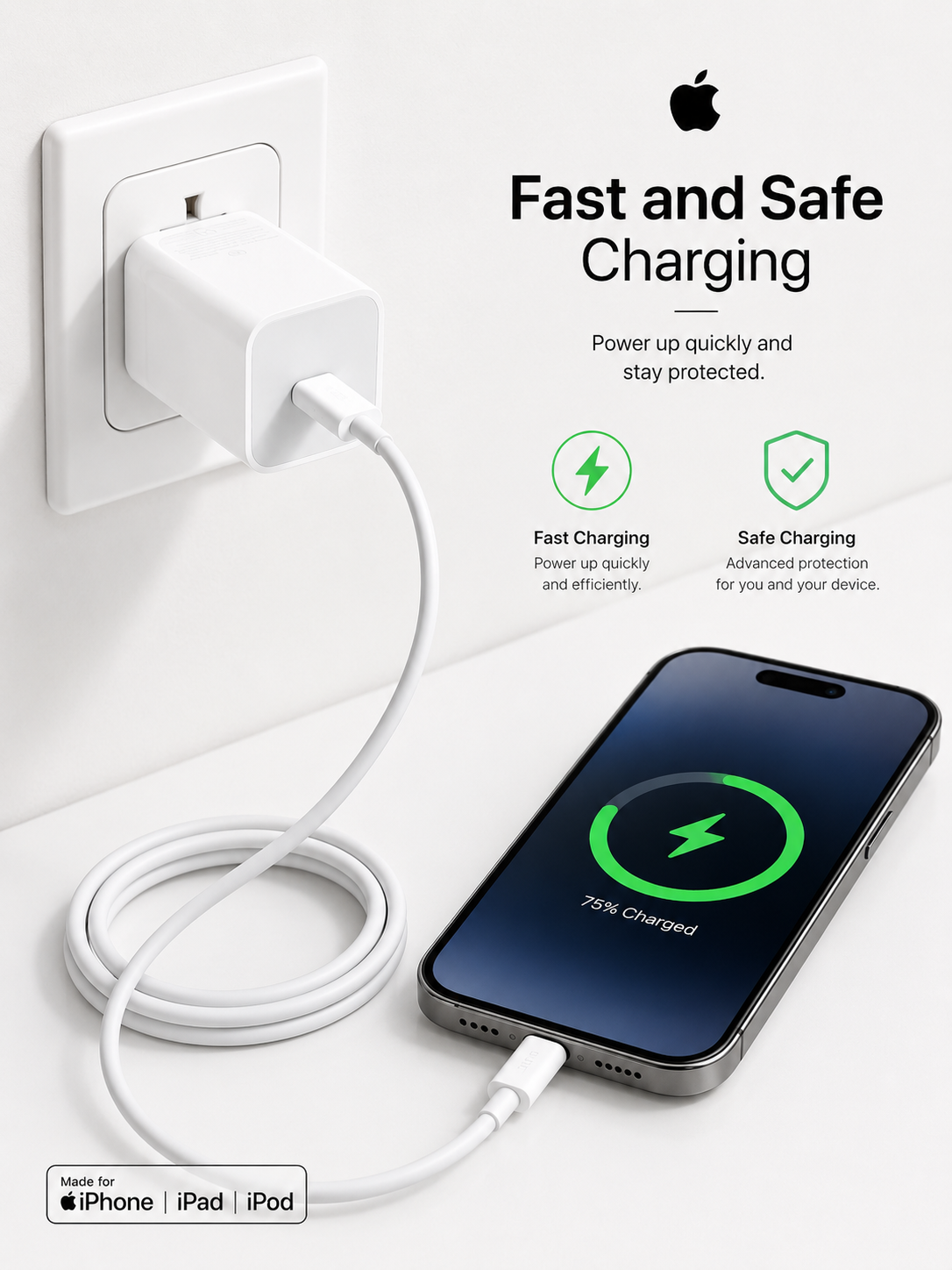 Apple 20W USB-C Power Adapter with USB-C to Lightning Cable-Fast Charging