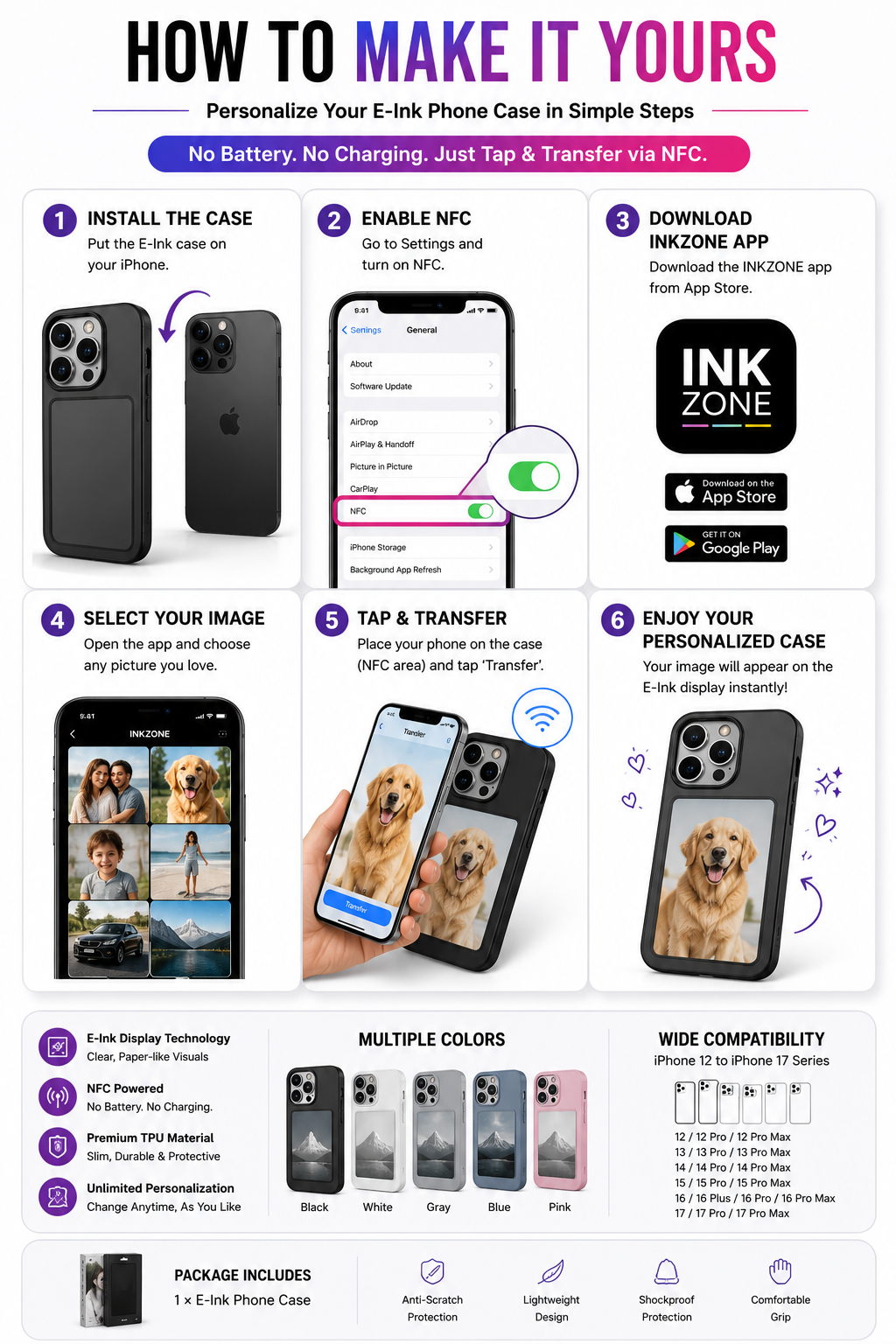E-Ink Screen Phone Case | Unlimited Customizable Display | NFC-Powered. Iphone 12 to 17 series