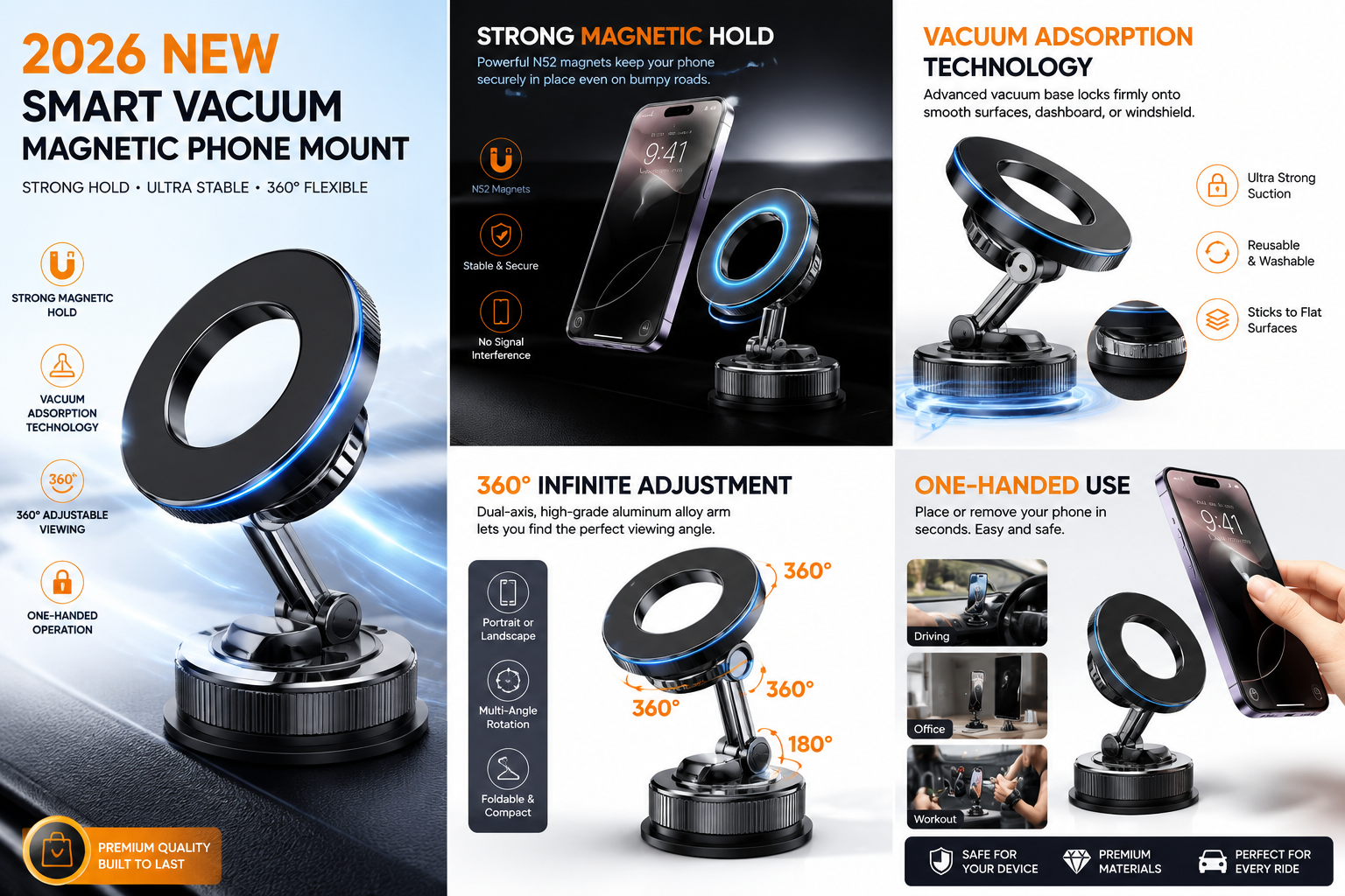Magnetic Car Phone Mount | Vacuum Suction Base | 360° Adjustable Arm