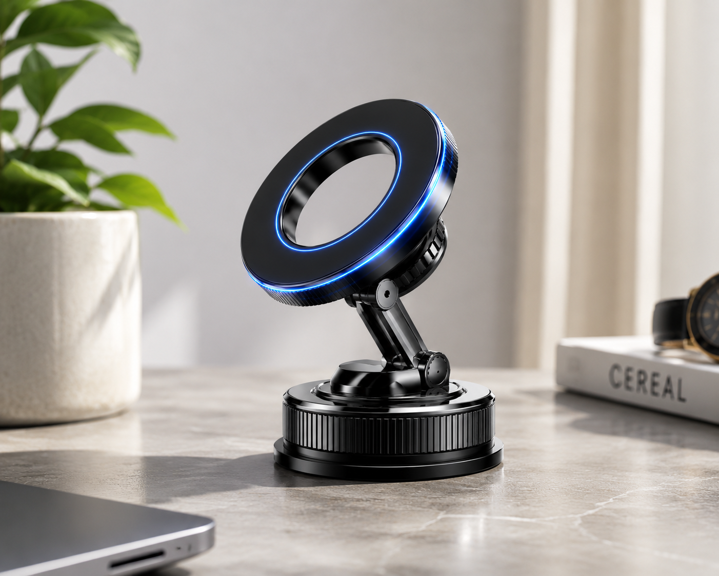 Magnetic Car Phone Mount | Vacuum Suction Base | 360° Adjustable Arm
