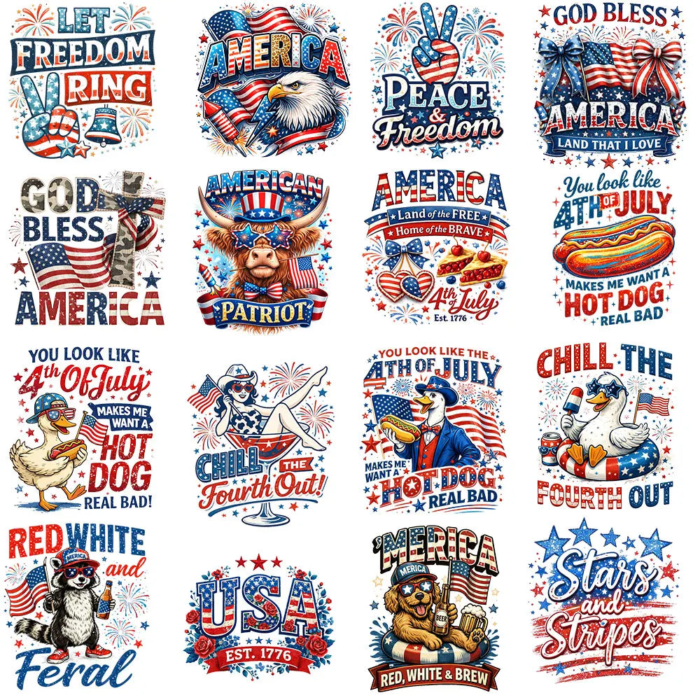 4th of July Heat Transfer Vinyl Stickers Patriotic USA Iron On Decals for T-Shirts DIY Independence Day HTV Patches Red White