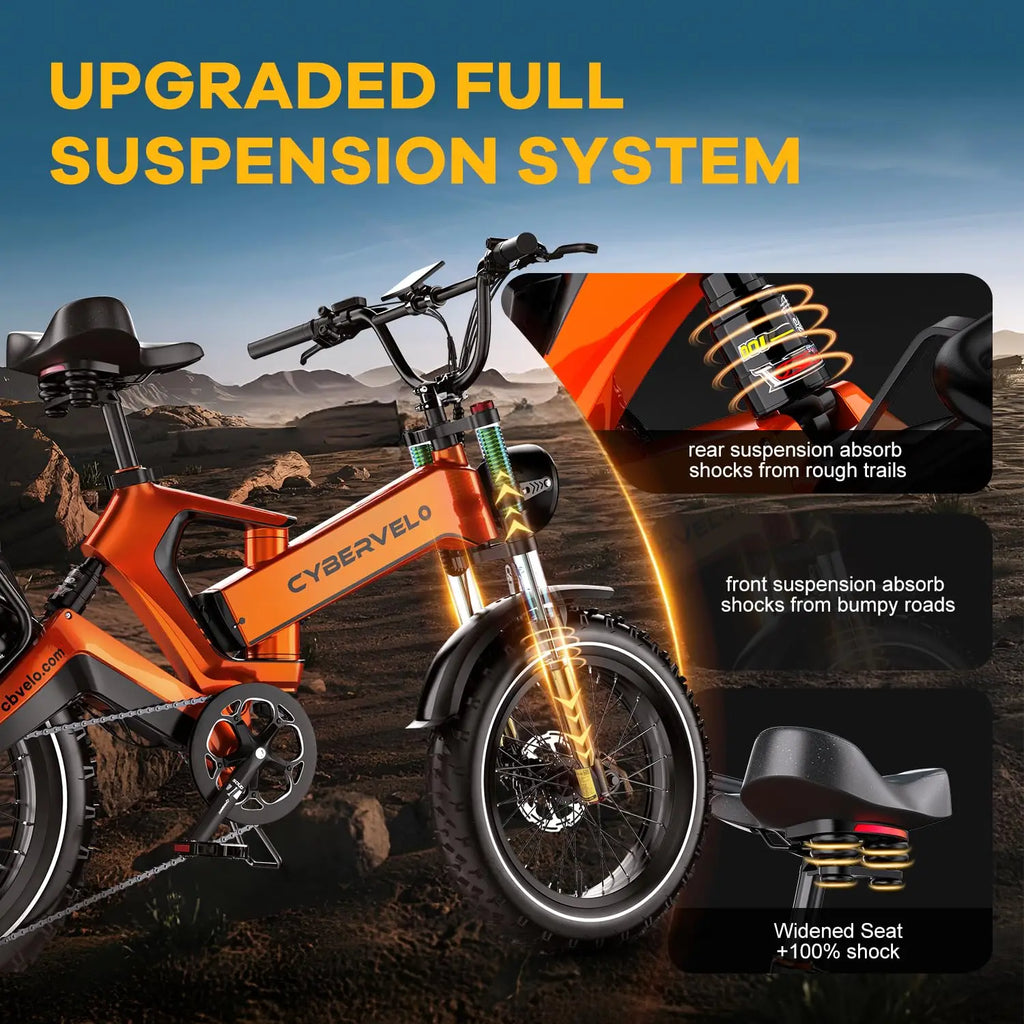 2000W Peak Folding Electric Bike Cybervelo EK6 Adults 30+MPH 48V 25Ah Removable Battery 20" Fat Tire Off Road E-bike