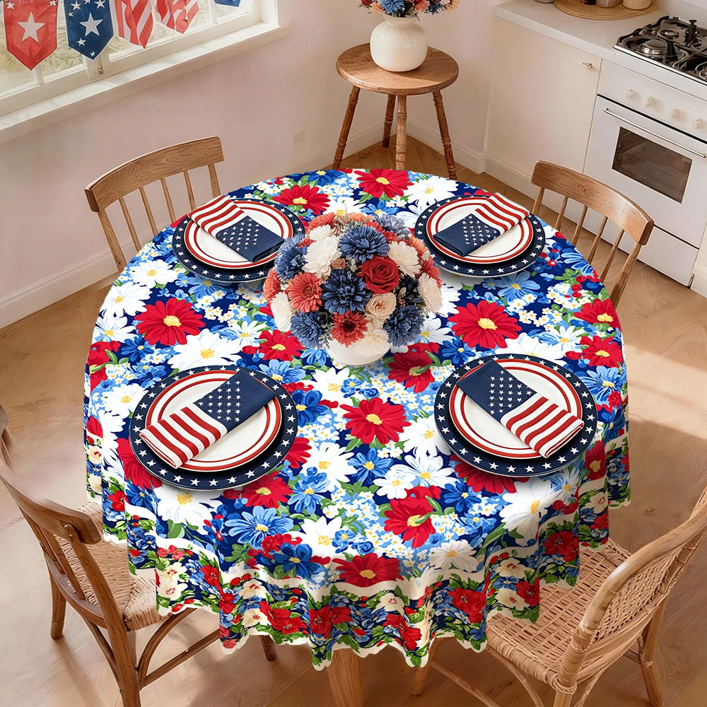 4th of July Tablecloth, Patriotic Independence Day American Flag Star Spangled Round Tablecloth, White Blue Outdoor Party