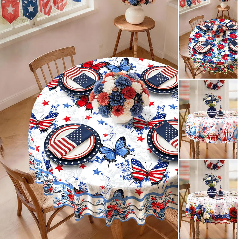 4th of July Tablecloth, Patriotic Independence Day American Flag Star Spangled Round Tablecloth, White Blue Outdoor Party