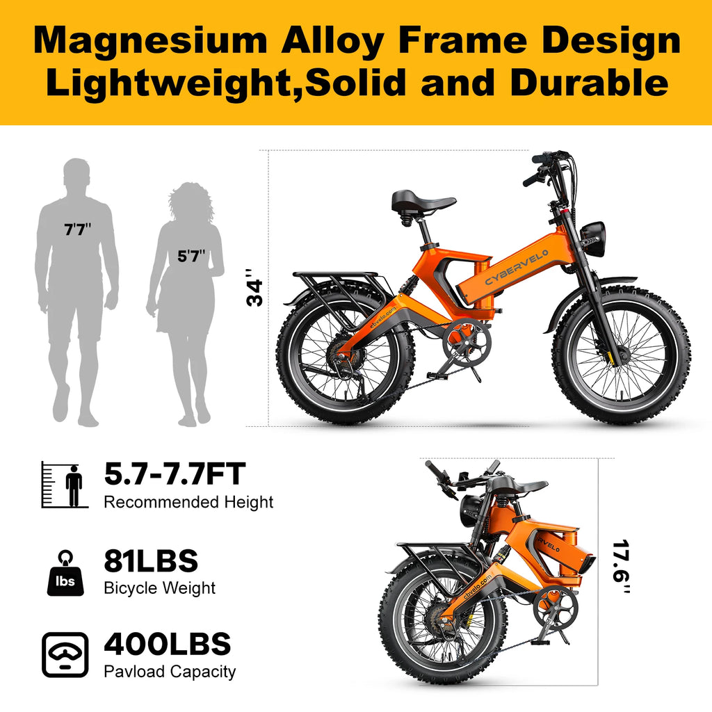 2000W Peak Folding Electric Bike Cybervelo EK6 Adults 30+MPH 48V 25Ah Removable Battery 20" Fat Tire Off Road E-bike