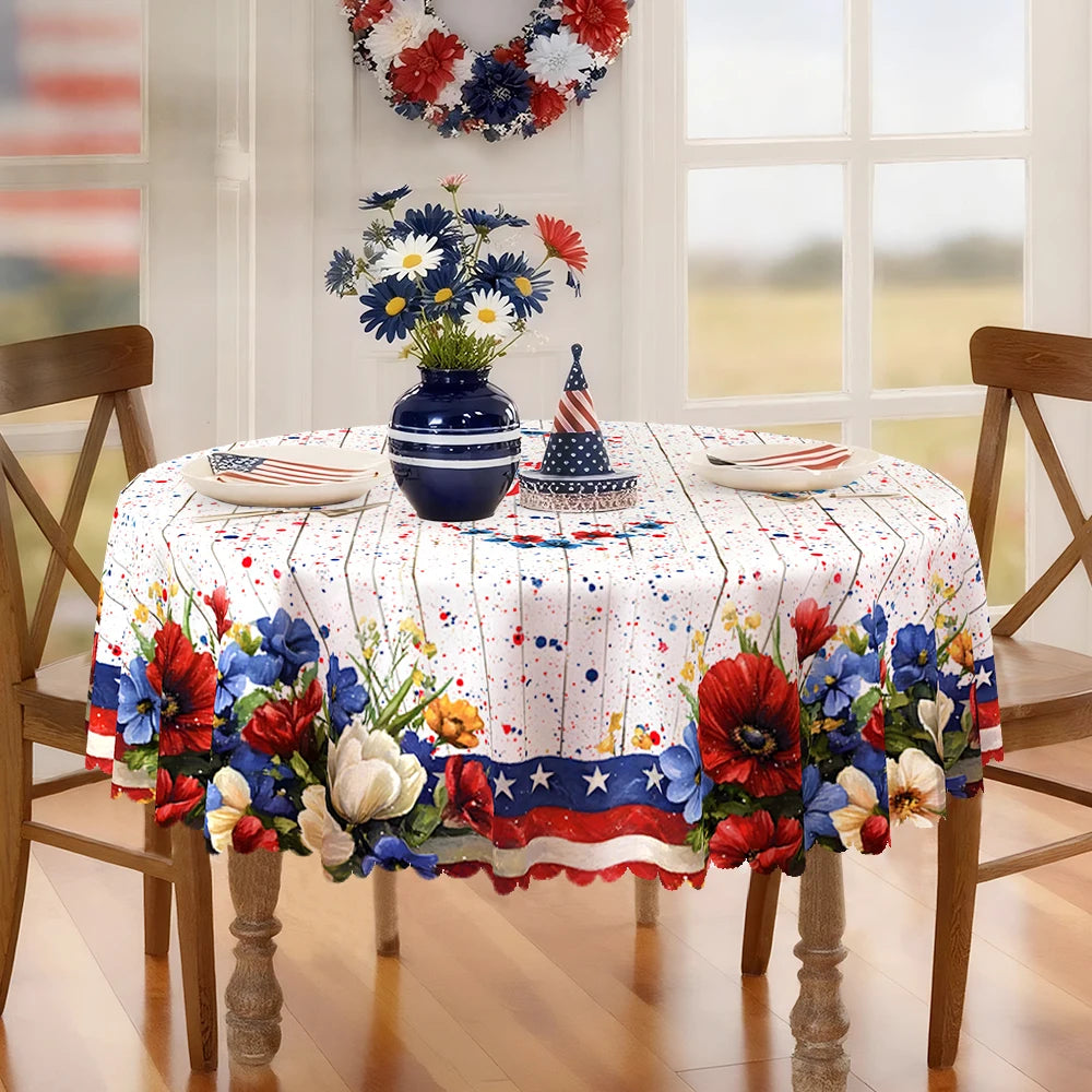 4th of July Tablecloth, Patriotic Independence Day American Flag Star Spangled Round Tablecloth, White Blue Outdoor Party