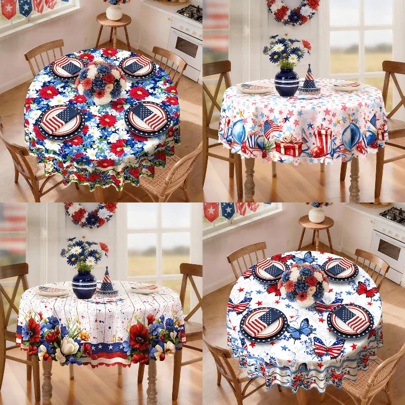 4th of July Tablecloth, Patriotic Independence Day American Flag Star Spangled Round Tablecloth, White Blue Outdoor Party