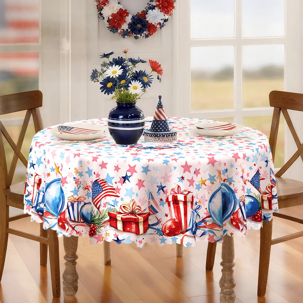 4th of July Tablecloth, Patriotic Independence Day American Flag Star Spangled Round Tablecloth, White Blue Outdoor Party