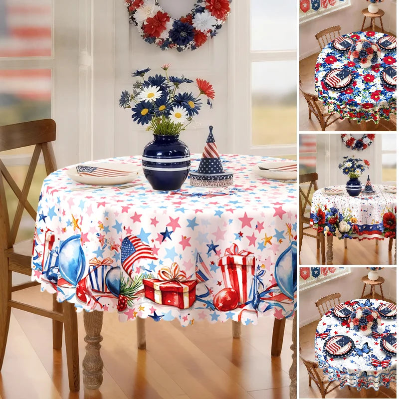 4th of July Tablecloth, Patriotic Independence Day American Flag Star Spangled Round Tablecloth, White Blue Outdoor Party