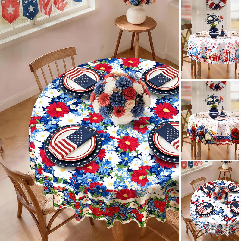 4th of July Tablecloth, Patriotic Independence Day American Flag Star Spangled Round Tablecloth, White Blue Outdoor Party