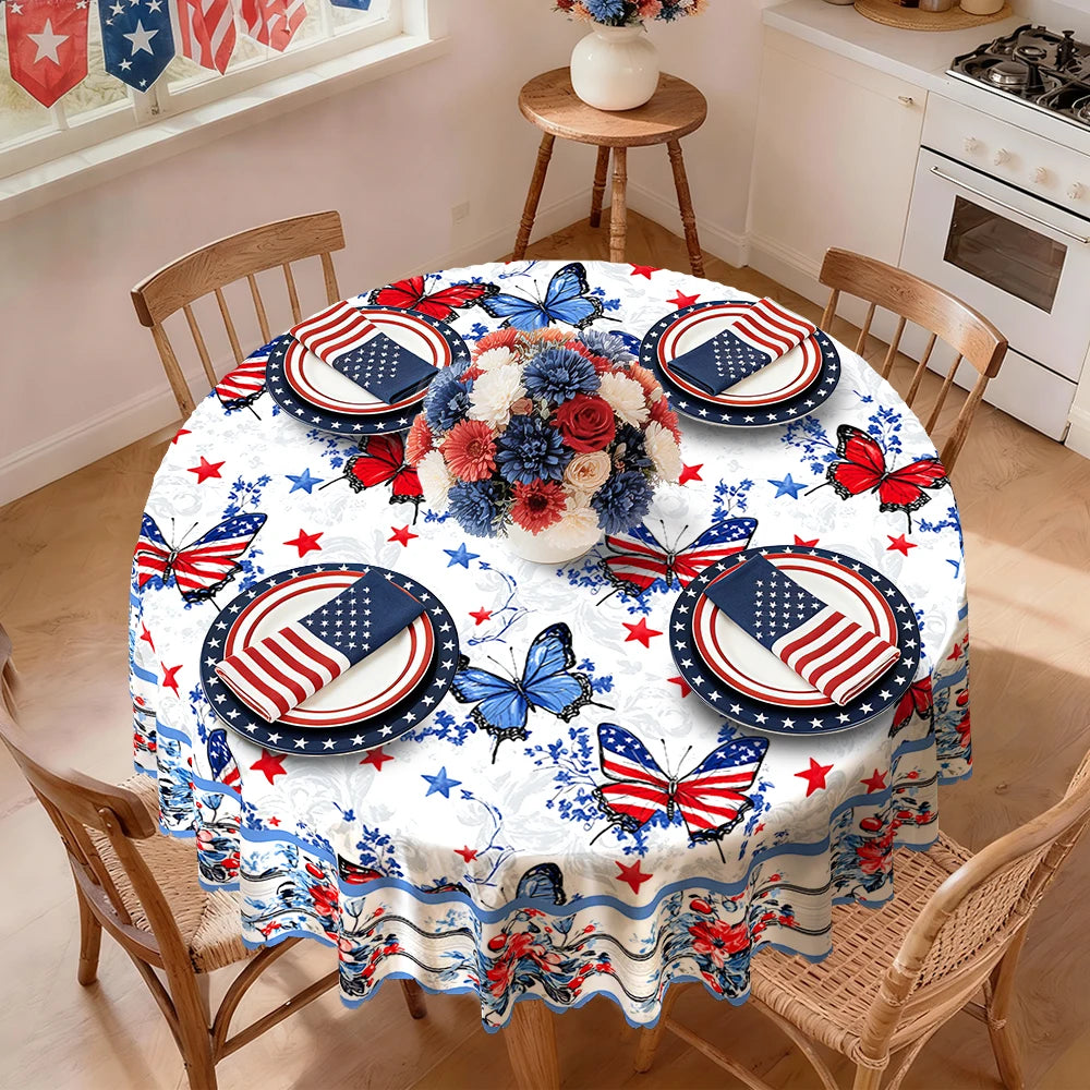 4th of July Tablecloth, Patriotic Independence Day American Flag Star Spangled Round Tablecloth, White Blue Outdoor Party
