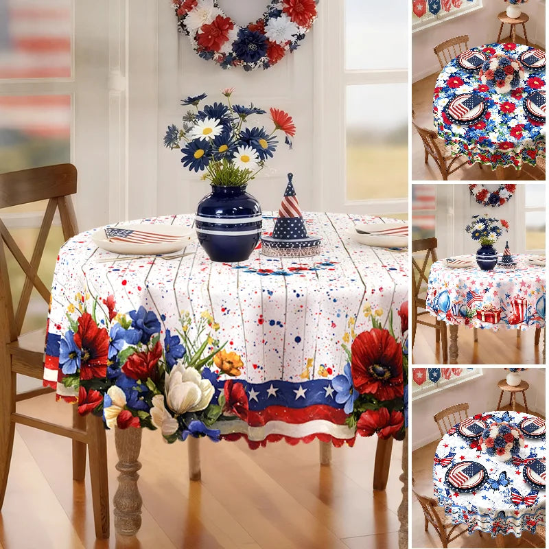 4th of July Tablecloth, Patriotic Independence Day American Flag Star Spangled Round Tablecloth, White Blue Outdoor Party