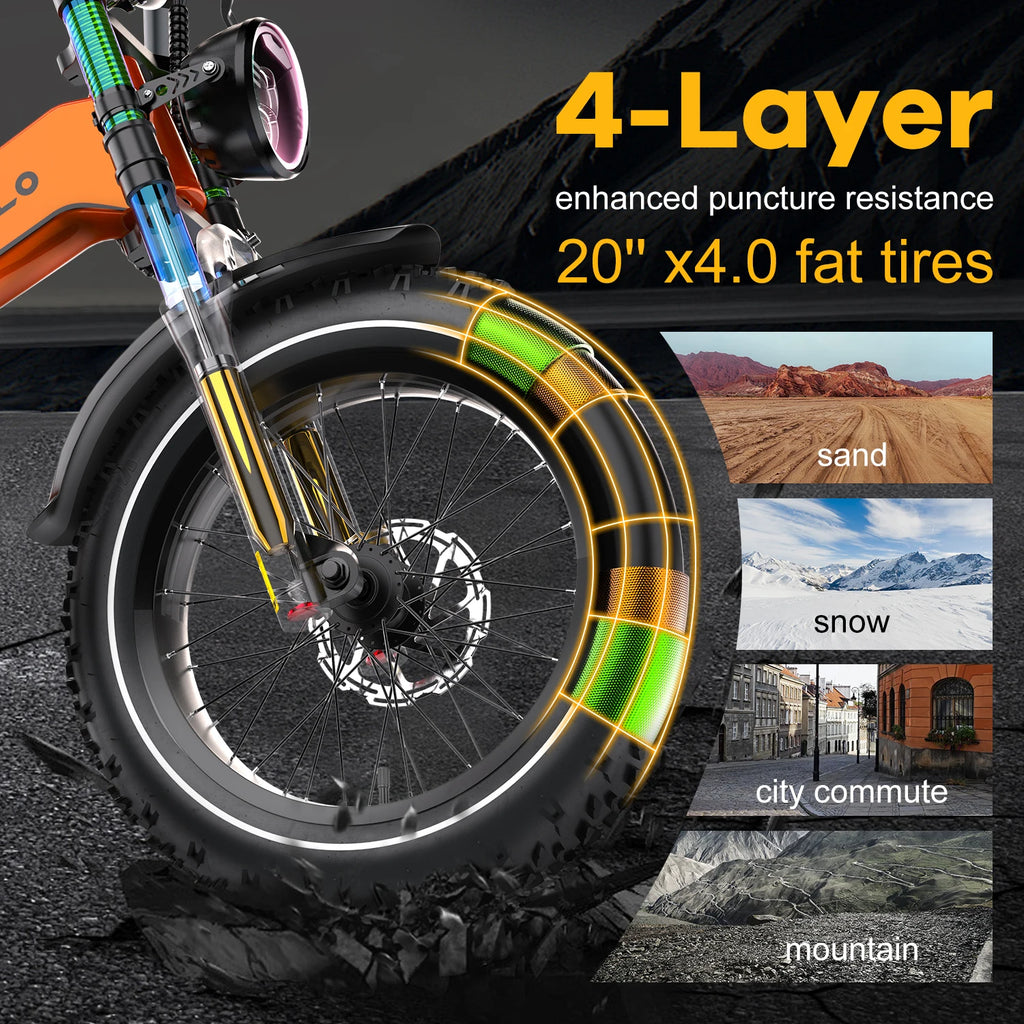 2000W Peak Folding Electric Bike Cybervelo EK6 Adults 30+MPH 48V 25Ah Removable Battery 20" Fat Tire Off Road E-bike